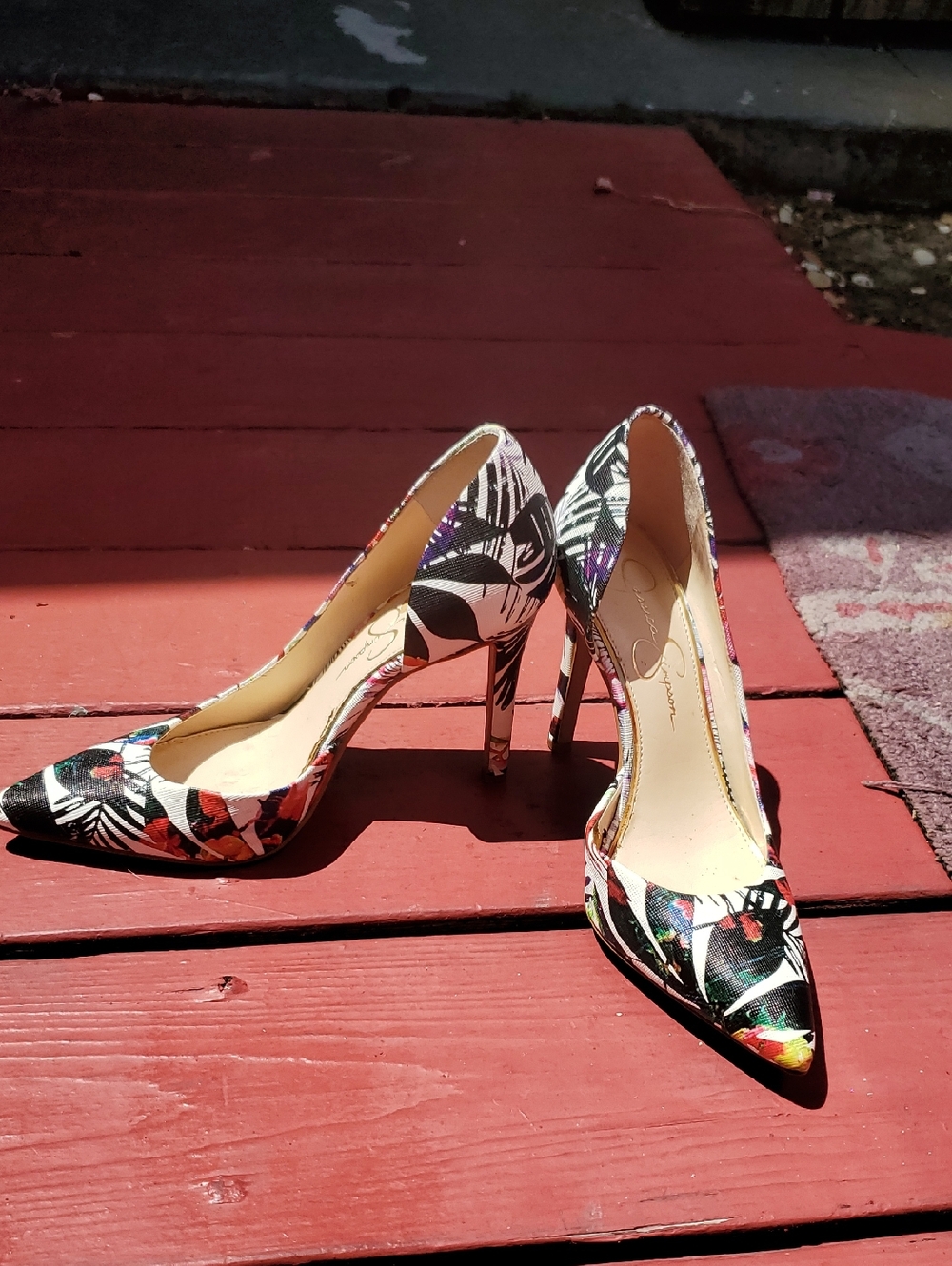 Floral Multicolor Pointed Toe Stiletto Pumps, Gently Used.
